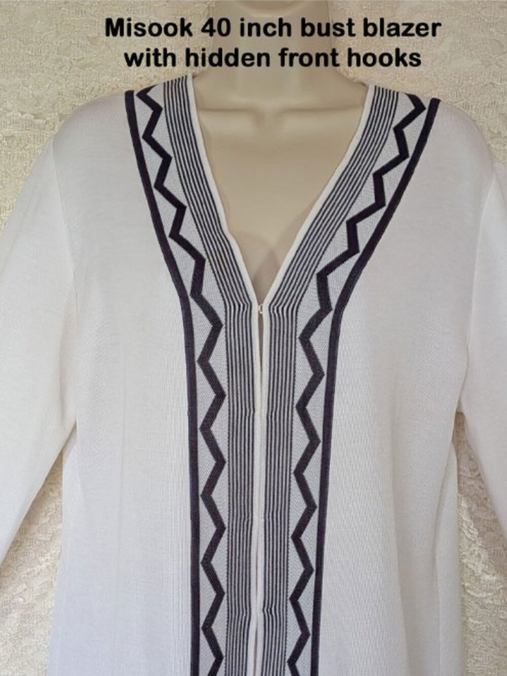40" bust MISOOK knit blazer, White, Black striped trim, V neck, Hidden hooks - Picture 15 of 16